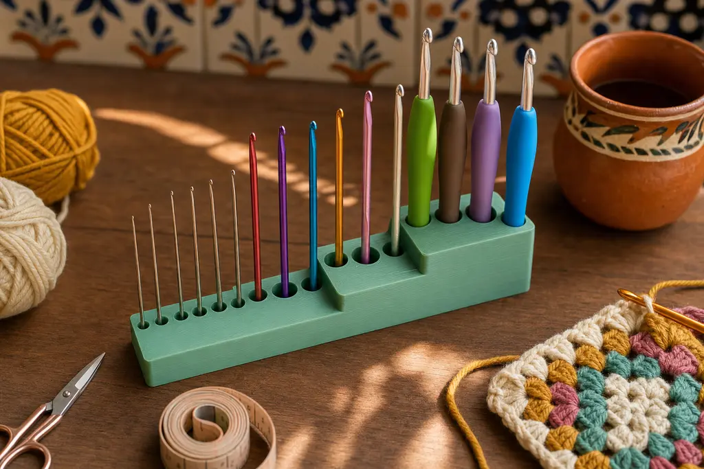 Organizador escalonado de ganchos de crochet impreso en 3D en color verde jade, con ganchos de acero, de aluminio y de mango de silicón parados en ranuras de distintos diámetros, sobre una mesa de trabajo con madejas de estambre y azulejo de talavera al fondo.