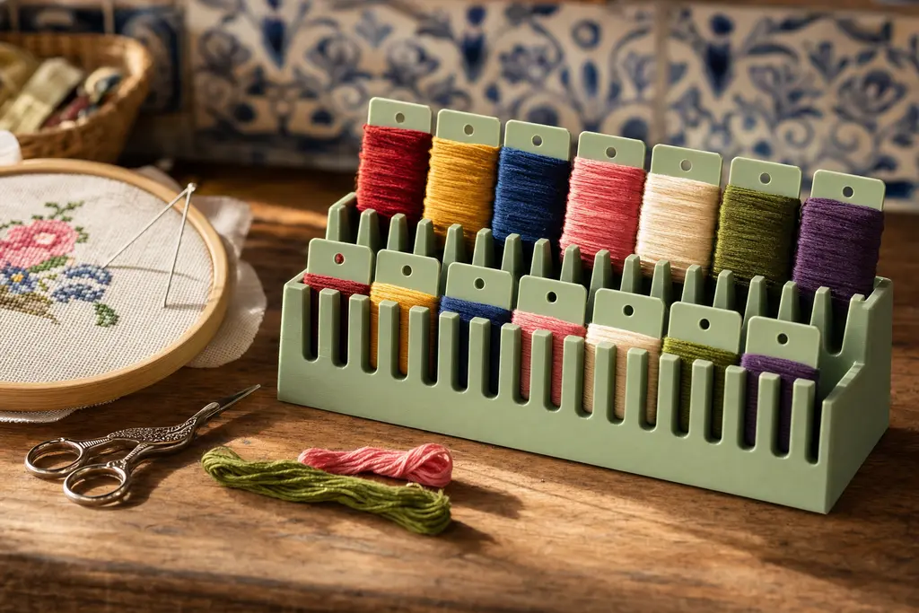 Organizador escalonado impreso en 3D en color verde salvia, con líneas de capa visibles, sosteniendo catorce tarjetas con hilo de bordar enrollado en colores distintos, junto a un bastidor de madera con un bordado de punto de cruz a medio terminar y unas tijeras chicas, sobre una mesa de madera con azulejo de talavera al fondo.