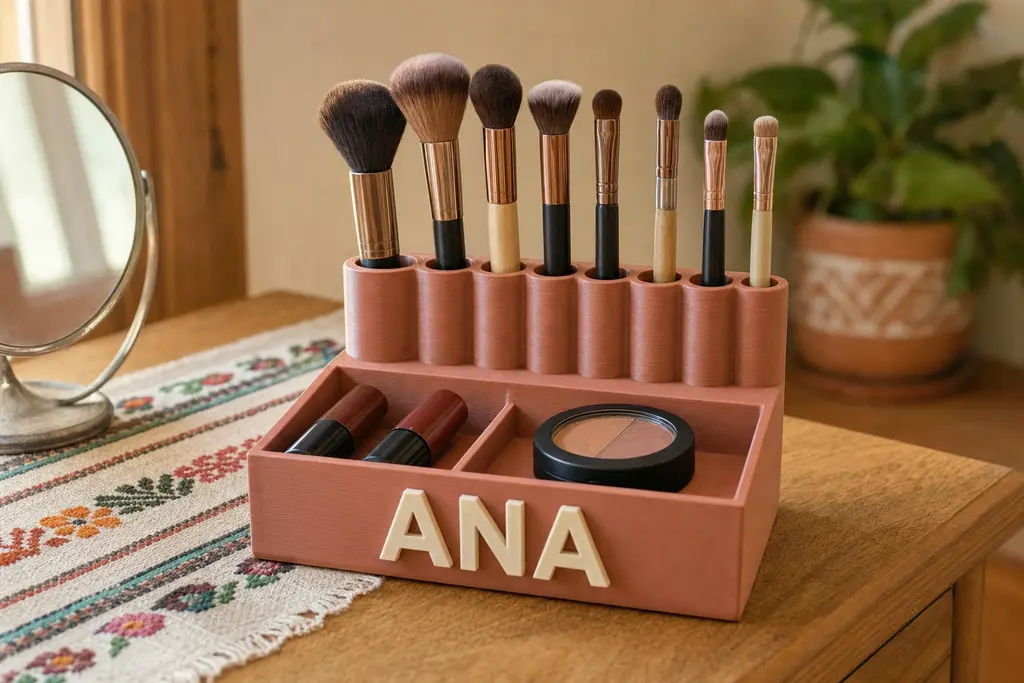 Organizador de maquillaje impreso en 3D en terracota mate sobre un tocador de madera, con ocho brochas paradas en sus huecos, dos labiales y una sombra compacta en la charola, y el nombre ANA en relieve color crema al frente.