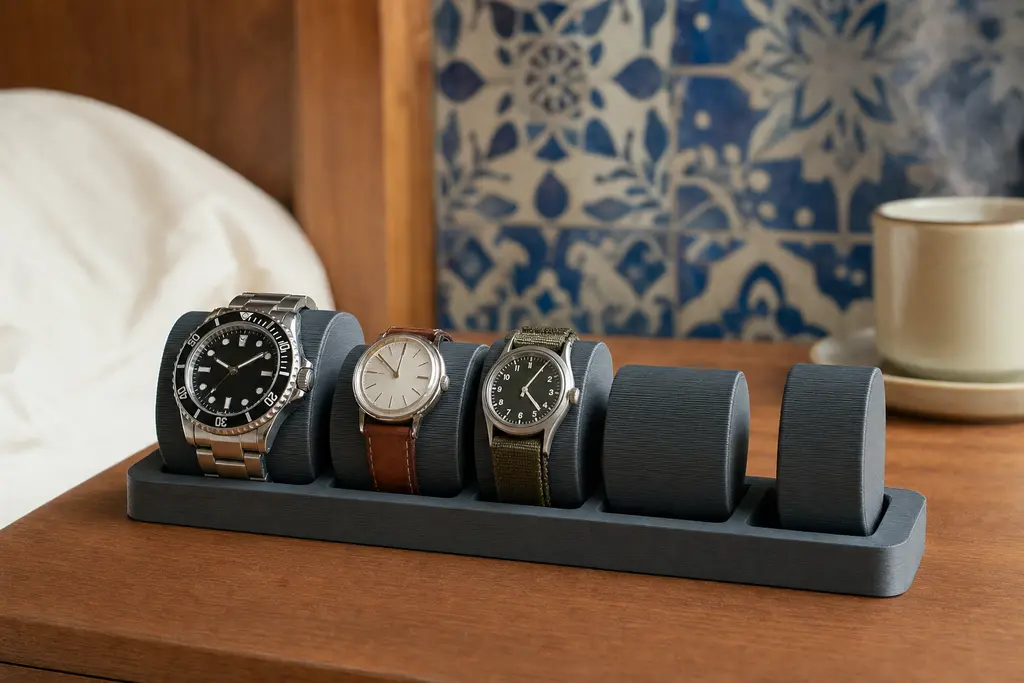 Bandeja organizadora de relojes impresa en 3D en gris grafito mate, con cinco cojines de distinto diámetro sobre un buró de madera; tres sostienen relojes de brazalete de acero, correa de piel y correa de tela.