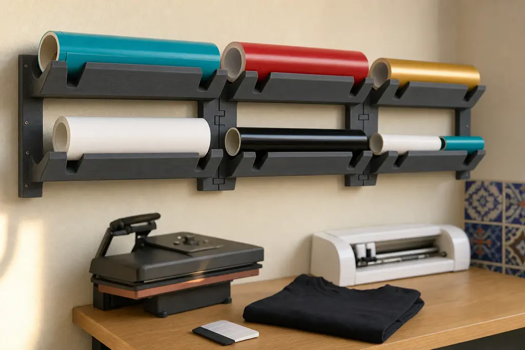 Organizador de rollos de vinil impreso en 3D en gris grafito con líneas de capa visibles, formado por tres tramos que embonan entre sí y montado en el muro de un taller, sosteniendo rollos de vinil de distintos colores y diámetros sobre cunas abiertas, con una plancha térmica y una cortadora de vinil en la mesa de abajo.