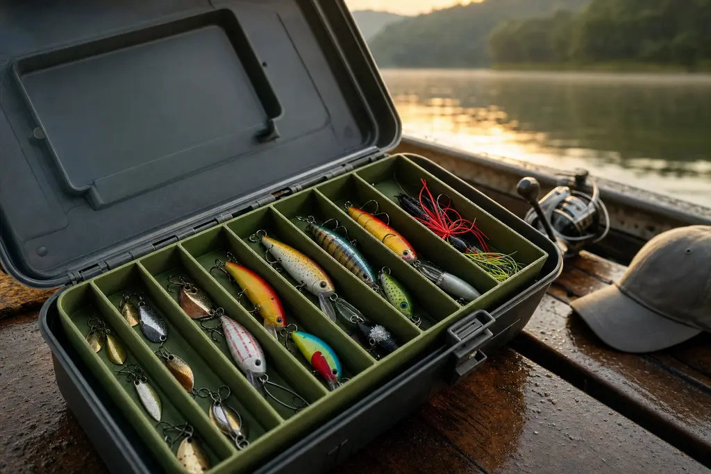 Caja de pesca abierta sobre la banca de madera de una lancha al amanecer, con una bandeja divisora impresa en 3D en verde olivo y un señuelo distinto acomodado en cada compartimento.