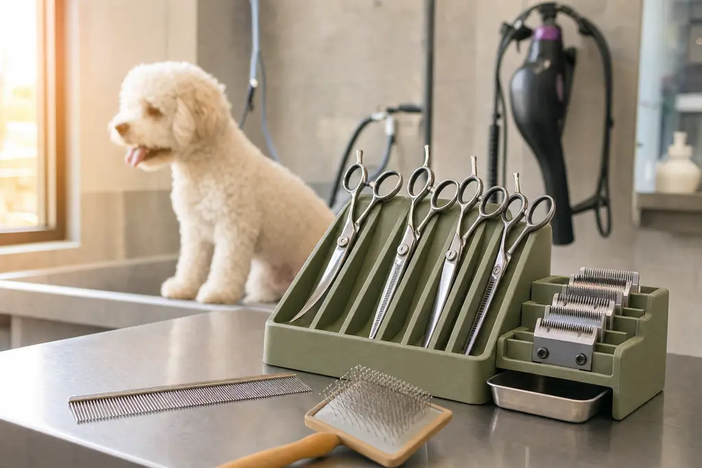 Organizador impreso en 3D en verde salvia sobre la mesa de acero de una estética canina, con tijeras curvas y de entresacar en ranuras inclinadas, rack de cuchillas de esquiladora con charola debajo, peine y carda, y un perro recién bañado al fondo.