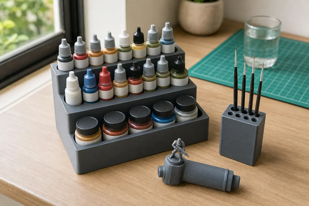 Organizador escalonado impreso en 3D en gris oscuro sobre un escritorio de madera, con botes de pintura de gotero en las gradas altas y tarros bajos y anchos en la grada de abajo, un porta pinceles impreso al lado con cuatro pinceles finos y un mango impreso sosteniendo una figura gris sin pintar.