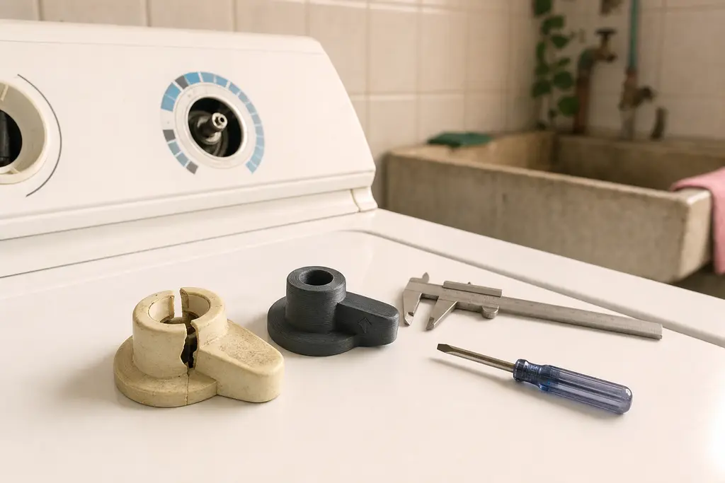 Sobre la tapa de una lavadora blanca en un cuarto de lavado mexicano, la perilla original rota y amarillenta junto a su repuesto impreso en 3D en PETG gris con líneas de capa visibles, un vernier y un desarmador; al fondo el eje del timer expuesto sin perilla.