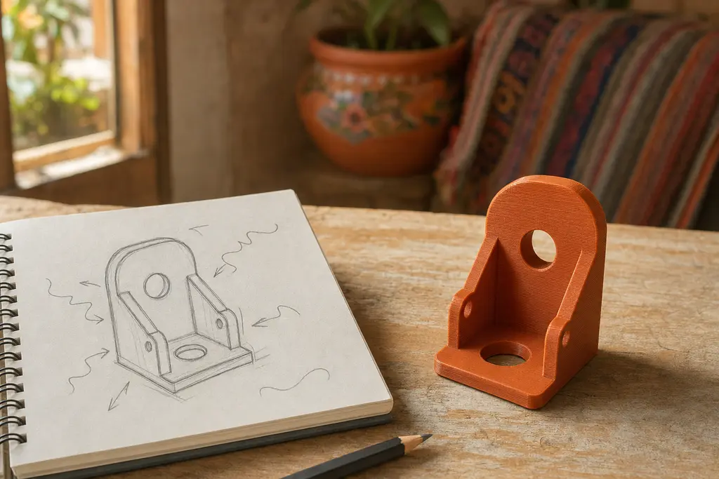 Un boceto a lápiz de una pieza en un cuaderno y, junto a él, esa misma pieza ya impresa en 3D en color naranja terracota sobre una mesa de madera