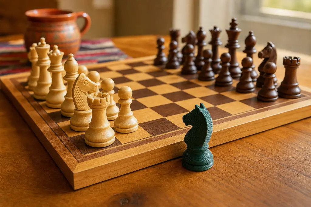 Tablero de ajedrez de madera con piezas Staunton torneadas y, en primer plano, un caballo impreso en 3D en verde oscuro de un solo color con líneas de capa visibles, del mismo tamaño que las piezas del juego.