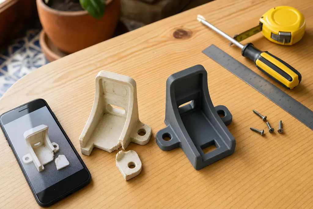 Sobre una mesa de madera, la pieza de plástico blanca rota de un mueble junto a su repuesto impreso en 3D en gris, un celular con la foto de la pieza y una regla, un desarmador y tornillos.