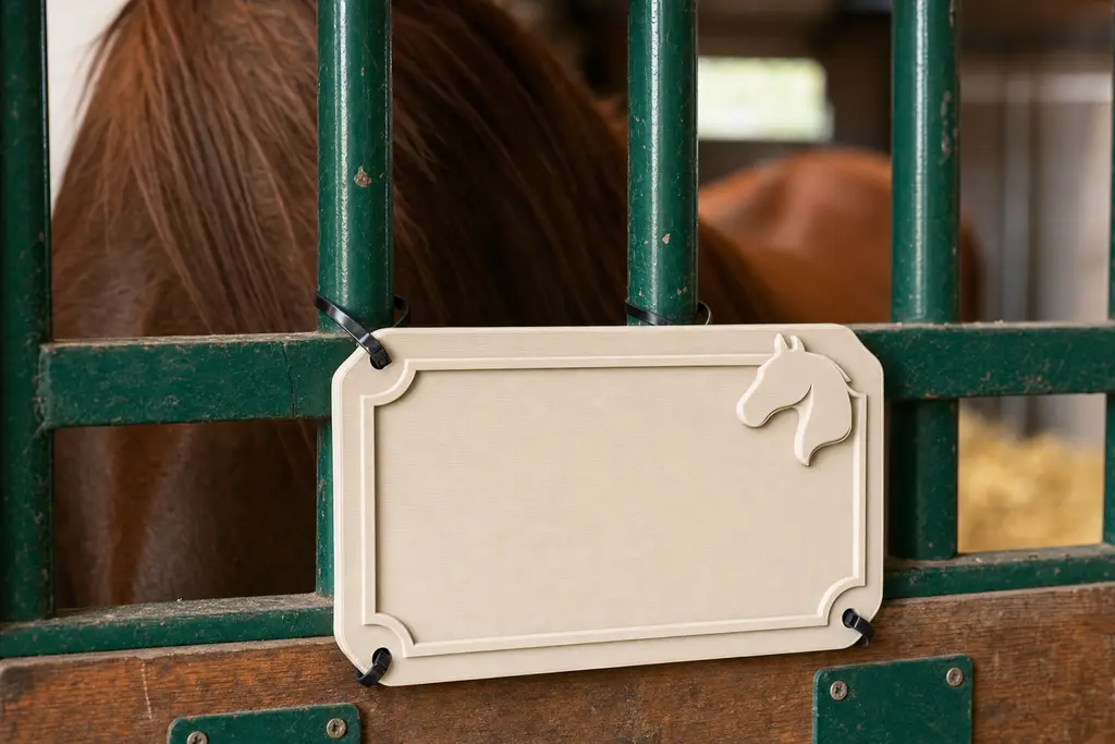 Placa impresa en 3D en color hueso, con marco y silueta de cabeza de caballo en relieve, sujeta con cinchos a la reja de la puerta de una caballeriza; al fondo, un caballo alazán.