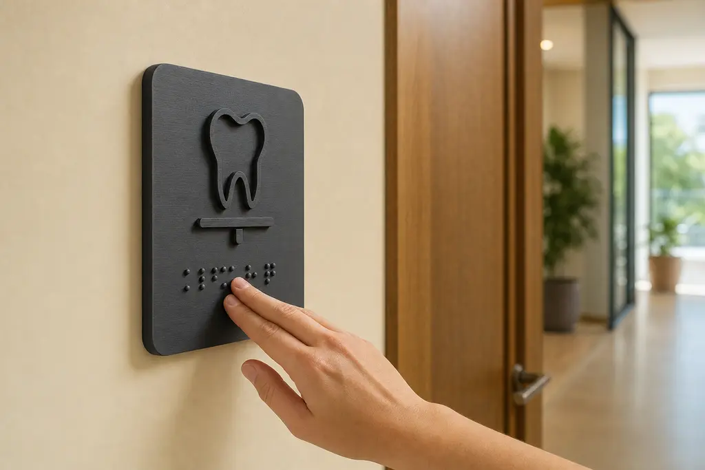 Placa de señalización impresa en 3D con un pictograma en alto relieve y dos renglones de puntos de braille, montada junto a la puerta de un consultorio; una mano recorre los puntos con los dedos.