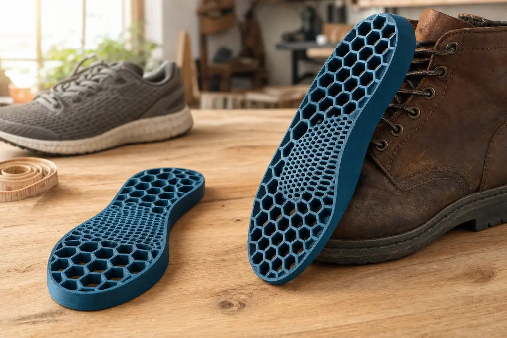 Par de plantillas antifatiga impresas en 3D en TPU azul petróleo, con celdas hexagonales grandes en el talón y celdas cerradas bajo el arco, sobre una mesa de madera junto a una bota de trabajo de piel y un tenis.