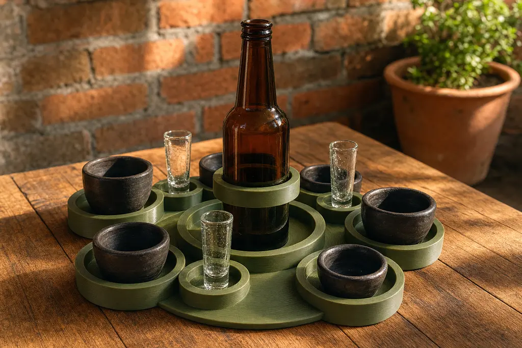 Charola porta caballitos impresa en 3D en verde olivo sobre una mesa de madera, con asientos de distintos diámetros que sostienen copitas de barro negro y caballitos de vidrio soplado, y un aro central con una botella de vidrio ámbar