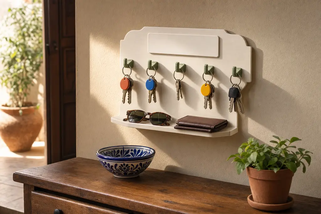 Porta llaves de pared impreso en 3D color hueso con cinco ganchos verde salvia, repisa integrada con lentes y cartera, e identificadores de colores en cada juego de llaves, colgado en el recibidor de una casa mexicana.