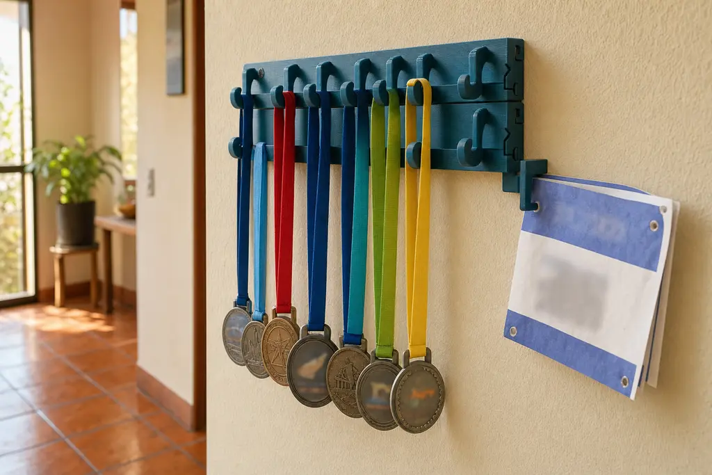 Porta medallas modular impreso en 3D en azul petróleo, montado en la pared de una casa mexicana, con ocho medallas de carrera colgadas de sus ganchos y un dorsal sujeto en el brazo lateral.