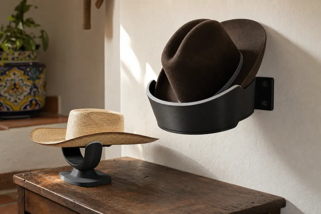 Porta sombreros impreso en 3D en plástico negro mate montado en un muro blanco: una cuna curva sostiene el ala completa de un sombrero vaquero de fieltro café y lleva una tira flexible gris clara en el punto de contacto. Sobre una mesa de madera, un segundo soporte del mismo plástico sostiene un sombrero de palma.