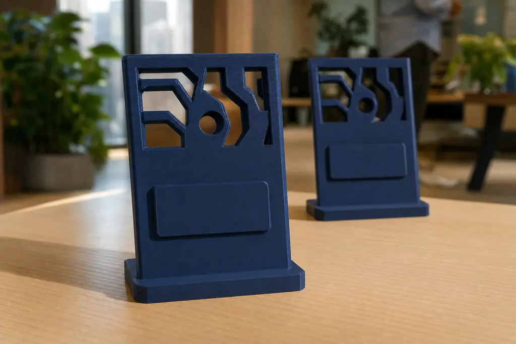 Dos reconocimientos impresos en 3D en azul marino sobre un escritorio de oficina, con la silueta del logo calada arriba y la cartela del nombre en relieve, todavía en blanco.