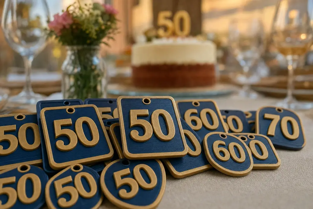 Montón de recuerdos impresos en 3D en azul marino y dorado, con los números 50, 60 y 70 en alto relieve, sobre la mesa de una fiesta con pastel al fondo