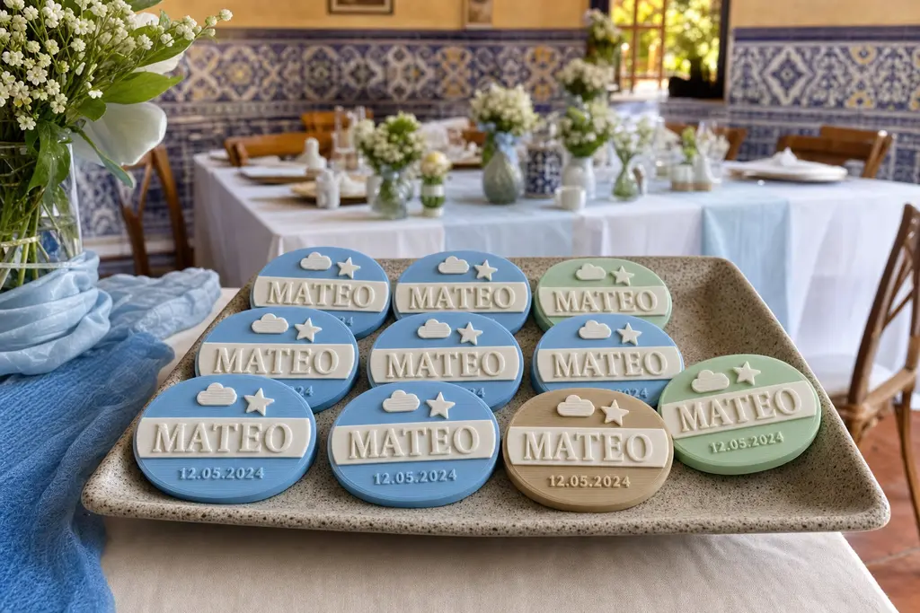 Charola con recuerdos de bautizo impresos en 3D, ovalados y a dos colores, con el nombre MATEO y la fecha en relieve, sobre una mesa de fiesta mexicana con azulejo de talavera.