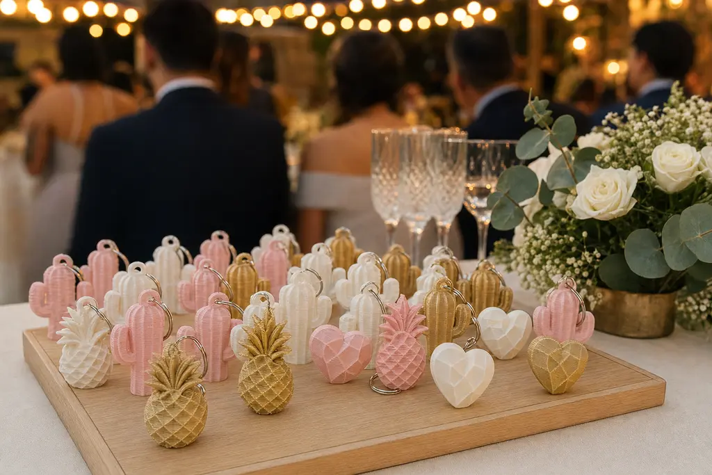 Charola de madera con recuerdos de boda impresos en 3D —llaveros de cactus, piñas y corazones en rosa palo, blanco hueso y dorado— sobre la mesa de una recepción de boda al atardecer.
