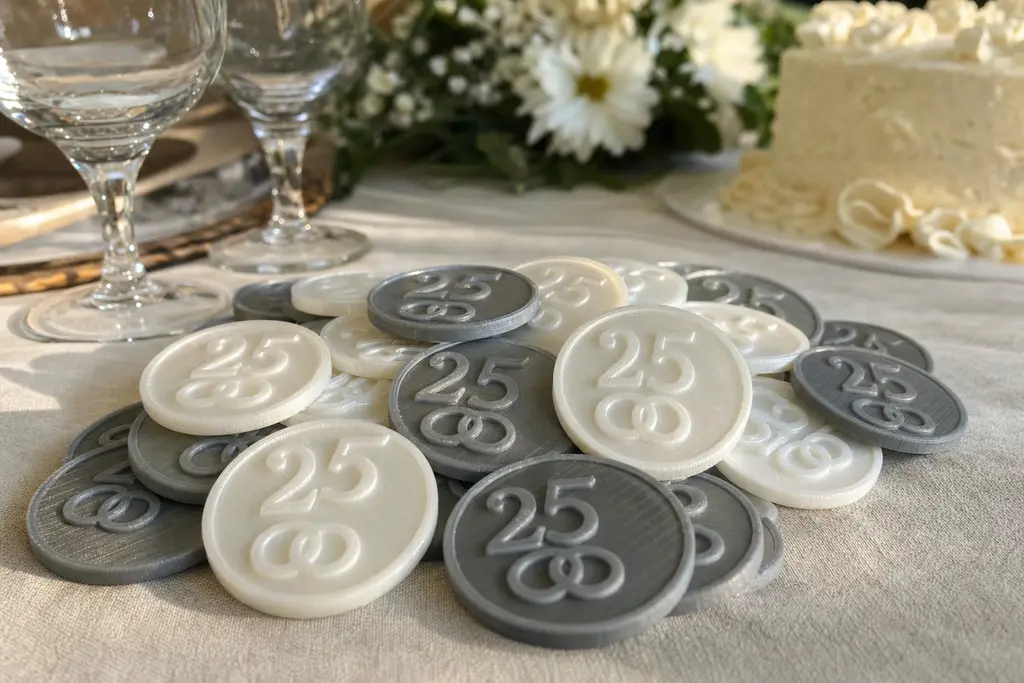 Montón de recuerdos impresos en 3D en blanco perla y gris plata, cada uno con el número 25 en alto relieve y dos argollas entrelazadas, sobre el mantel de una comida familiar con copas, flores blancas y un pastel al fondo.