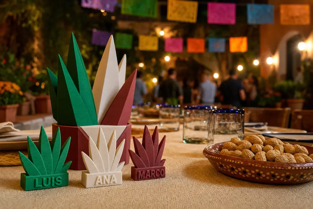 Mesa de una noche mexicana de empresa en un patio de CDMX, con papel picado al fondo y, en primer plano, tres distintivos de mesa impresos en 3D con forma de agave —verde, blanco y guinda— con los nombres LUIS, ANA y MARCO en relieve, junto a un centro de mesa tricolor impreso.
