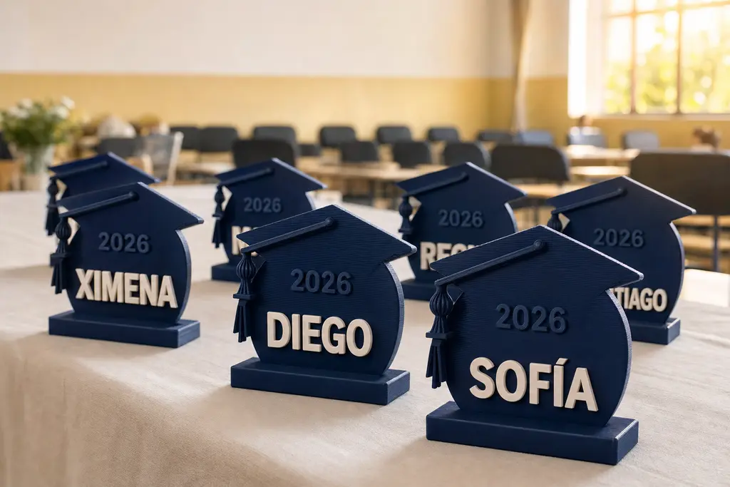 Lote de recuerdos de graduación impresos en 3D sobre la mesa de entrega de una escuela: placas azul marino con birrete y el año de la generación, cada una con el nombre de un egresado distinto en letras color hueso en alto relieve.
