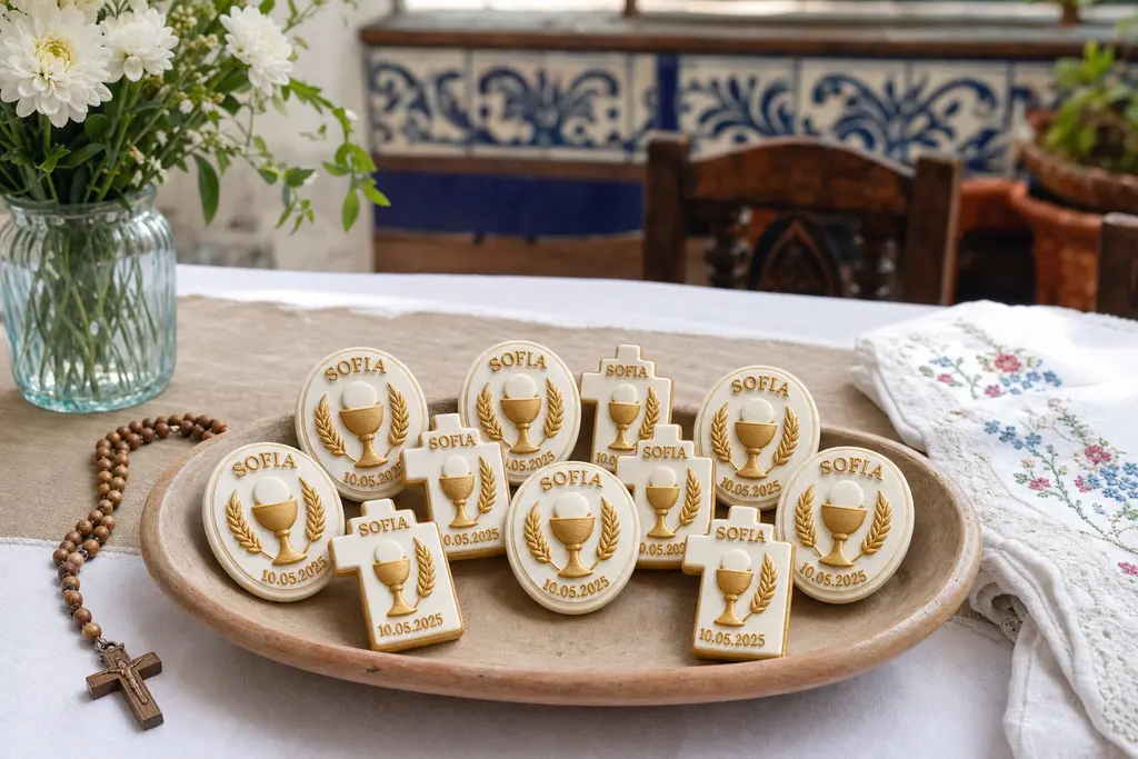 Charola de barro con recuerdos de primera comunión impresos en 3D en blanco y dorado, con el nombre SOFIA, la fecha y un cáliz con espigas en relieve, junto a un rosario de madera sobre una mesa mexicana.
