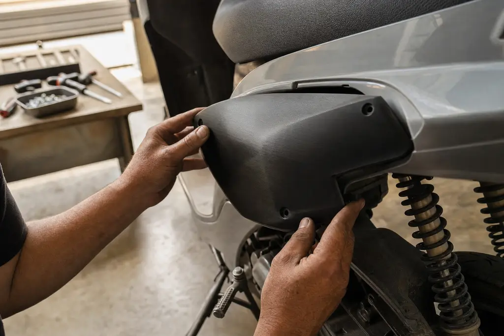 Manos colocando una tapa lateral de plástico negro recién impresa en 3D sobre una motoneta gris, en un taller de motos mexicano.