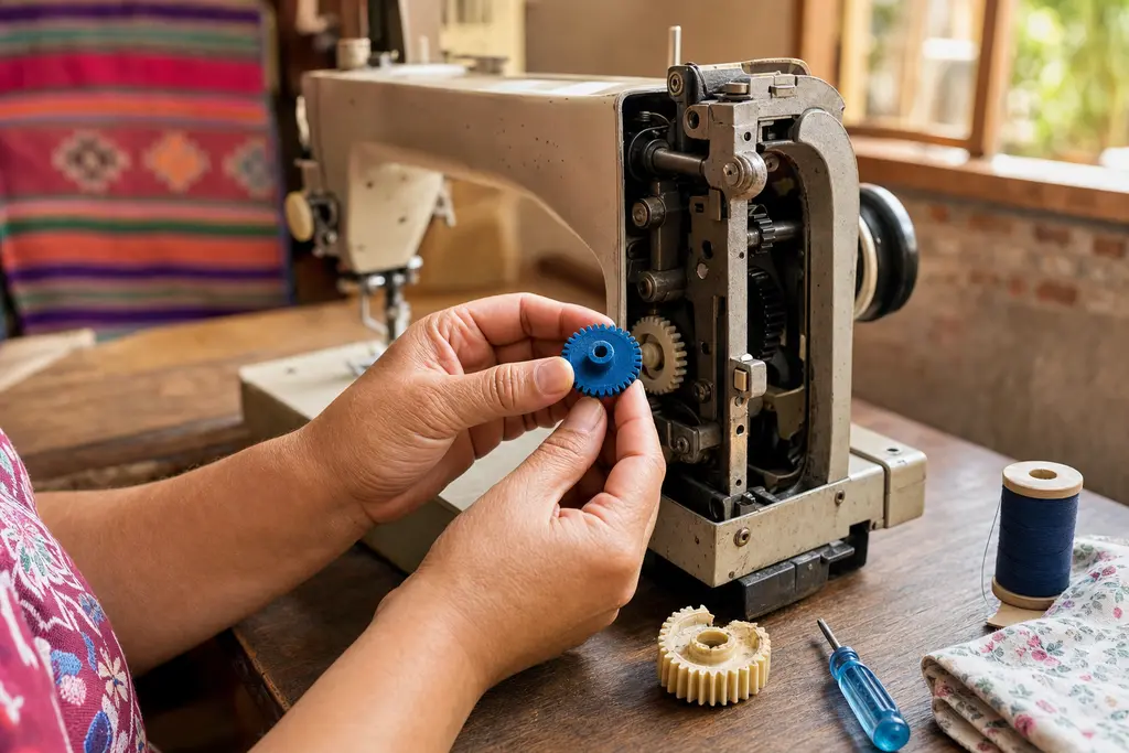 Manos sosteniendo un engrane azul impreso en 3D, con líneas de capa visibles, junto a una máquina de coser antigua abierta y el engrane original roto sobre la mesa