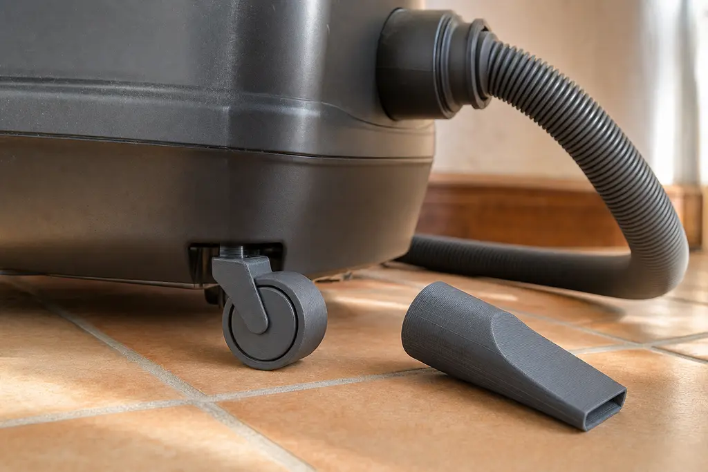 Piso de loseta de una casa mexicana: bajo el tanque de una aspiradora gris está montada una rueda giratoria impresa en 3D en gris grafito, y junto a ella descansa una boquilla rinconera también impresa, las dos con líneas de capa visibles.