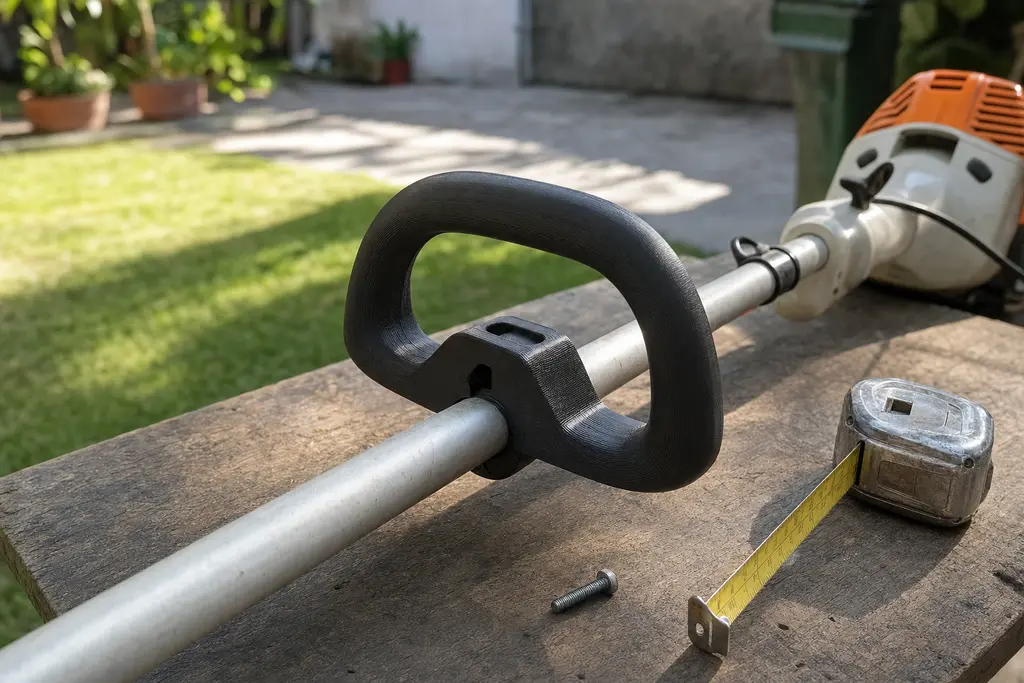 Mango auxiliar y abrazadera de plástico negro recién impresos en 3D, montados sobre el tubo de aluminio de una desbrozadora apoyada en una mesa de trabajo de madera, con un flexómetro y un tornillo al lado y un jardín con pasto al fondo; se ven las líneas de capa del FDM.