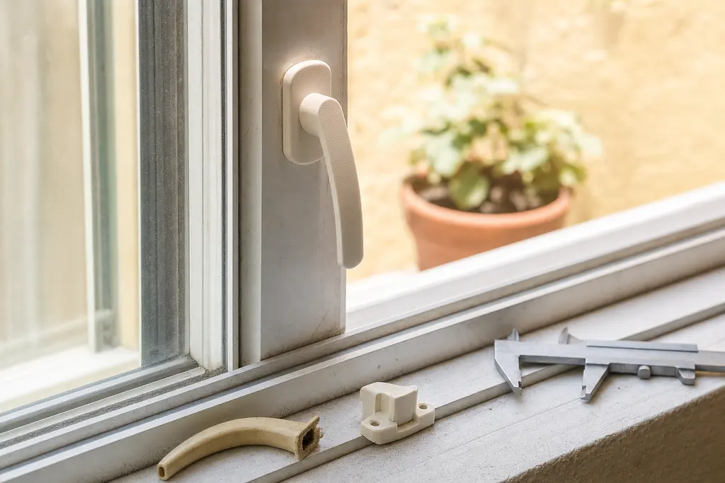 Ventana corrediza de aluminio de una casa mexicana con una jaladera nueva impresa en 3D en plástico blanco hueso ya montada; sobre el riel, la jaladera vieja rota y amarillenta, un seguro de ventana impreso y un calibrador vernier.