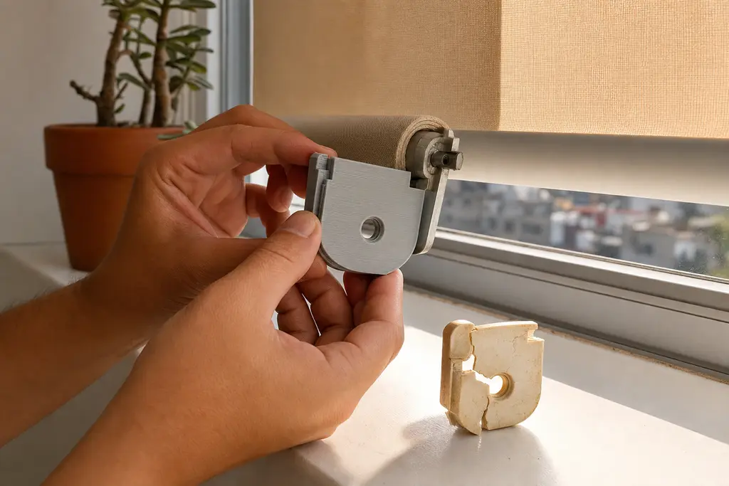 Manos colocando un soporte de persiana recién impreso en 3D, en plástico gris con líneas de capa visibles, junto a la pieza original rota y amarillenta, en la ventana de un departamento de la Ciudad de México.