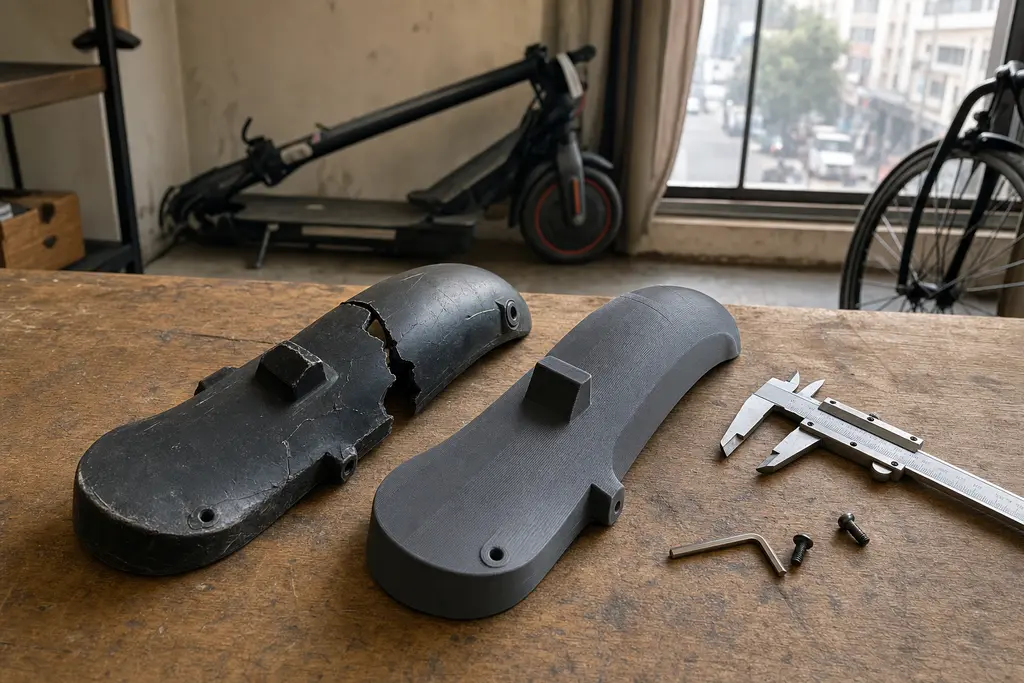 Sobre una mesa de trabajo, la salpicadera negra rota de un scooter eléctrico junto a su repuesto recién impreso en 3D en gris oscuro, con un vernier y tornillos al lado; al fondo, el scooter plegado y una bicicleta.