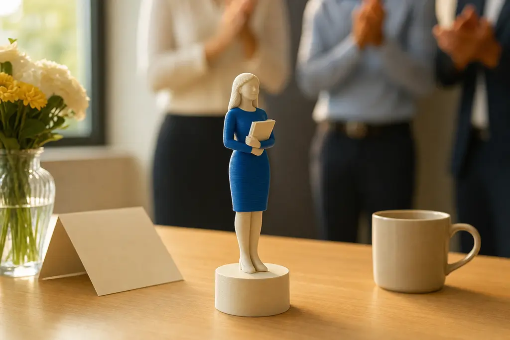 Figura impresa en 3D de una maestra con su libro, en azul y hueso con líneas de capa visibles, sobre un escritorio de oficina con flores y compañeros aplaudiendo al fondo.