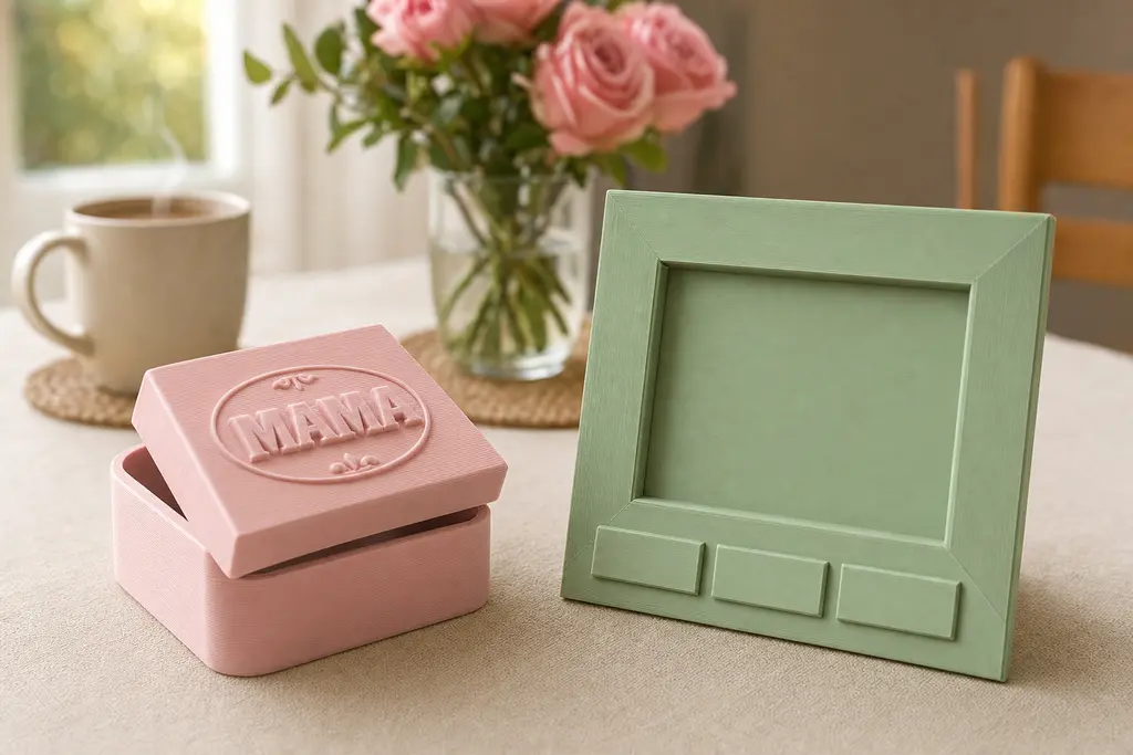 Un joyero impreso en 3D en rosa palo con la palabra Mamá en alto relieve sobre la tapa, junto a un portarretratos impreso en verde salvia con placas lisas en el marco, sobre la mesa de un comedor mexicano con un ramo de rosas al fondo.