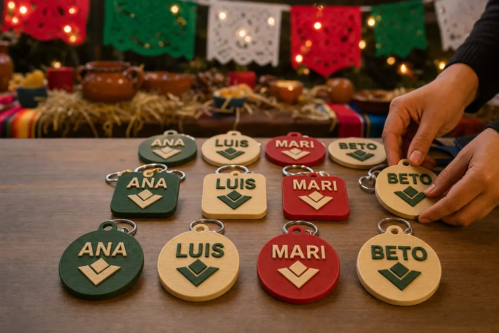 Lote de llaveros y medallones impresos en 3D, cada uno con un nombre distinto en relieve y el emblema de la empresa, sobre una mesa de posada con papel picado y jarritos de ponche.