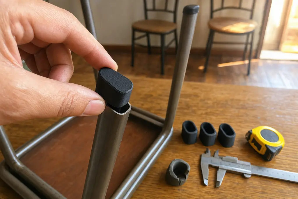 Una mano coloca un regatón negro impreso en 3D sobre la pata de tubo ovalado de una silla volteada, junto a otros tres regatones, un vernier, un flexómetro y el regatón viejo de hule agrietado.