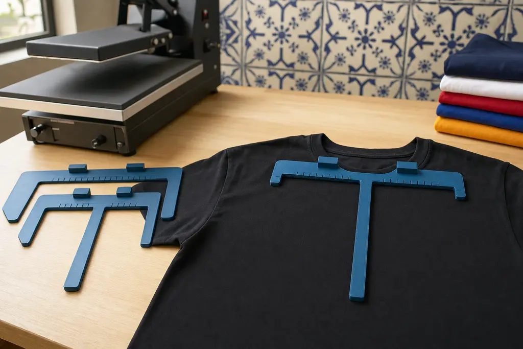 Juego de tres escuadras guía de centrado impresas en 3D en azul petróleo con líneas de capa visibles, en tamaños distintos; una de ellas colocada sobre una playera negra extendida, con sus dos topes recargados en la costura del cuello, junto a una prensa térmica abierta y una pila de playeras de colores en un taller de estampado.