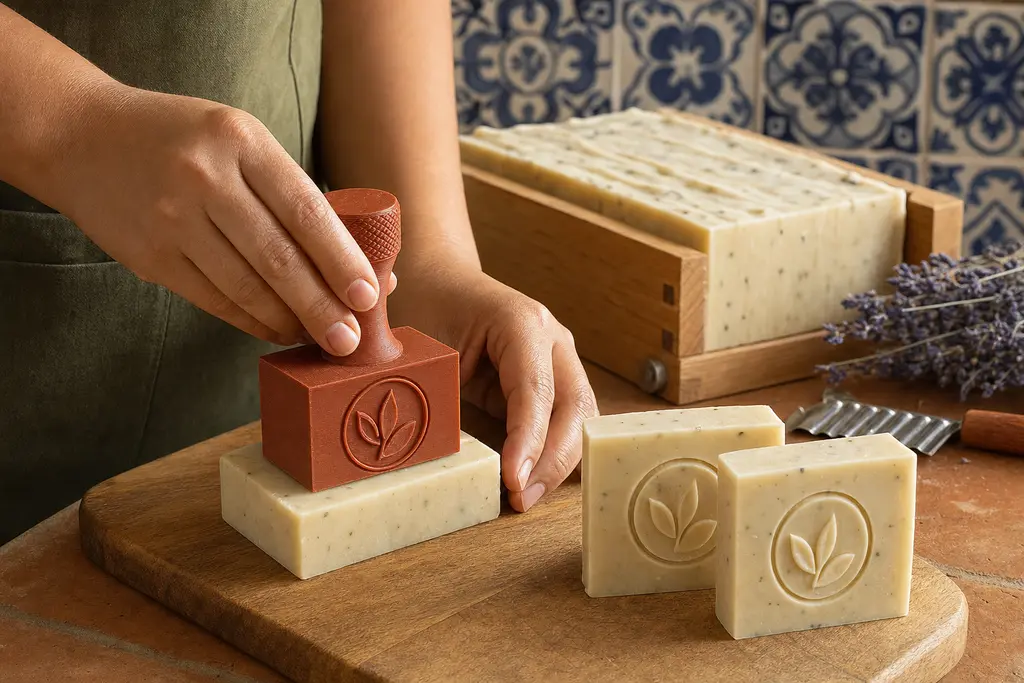 Manos presionando un sello impreso en 3D color terracota, con líneas de capa visibles, sobre una barra de jabón artesanal; al lado dos barras ya marcadas con el emblema en relieve.