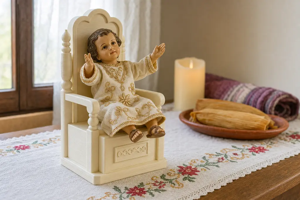 Niño Dios vestido de blanco y dorado sentado en una silla impresa en 3D color hueso, con cartela en relieve al frente, sobre un mantel bordado junto a una veladora de LED y un plato de tamales