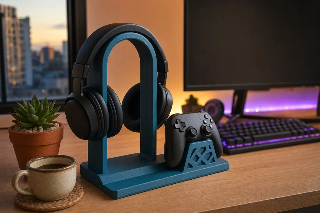 Soporte para audífonos impreso en 3D en azul petróleo sobre un escritorio, con los audífonos colgados en el arco y una cuna con relieve calado sosteniendo un control, junto a un teclado retroiluminado.
