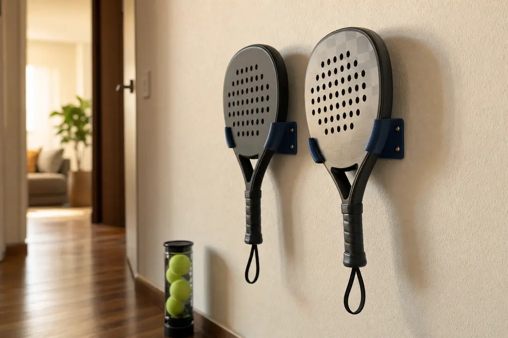 Dos palas de pádel colgadas en el muro de un pasillo por soportes impresos en 3D en azul marino, con el bote de pelotas en el piso