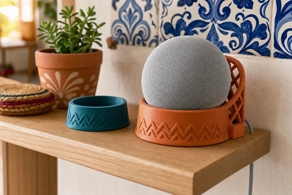 Base impresa en 3D en naranja terracota sosteniendo una bocina inteligente esférica gris sobre una repisa de madera, con el respaldo calado para no tapar la ventilación y el cable escondido por detrás, junto a otra base más pequeña en azul petróleo y azulejos de talavera al fondo.