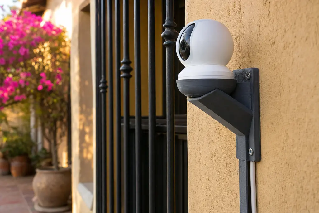 Soporte impreso en 3D en gris grafito, atornillado a la esquina de un muro color arena junto a una protección de herrería, sosteniendo una cámara wifi blanca de casa con el cable encauzado por la pieza.