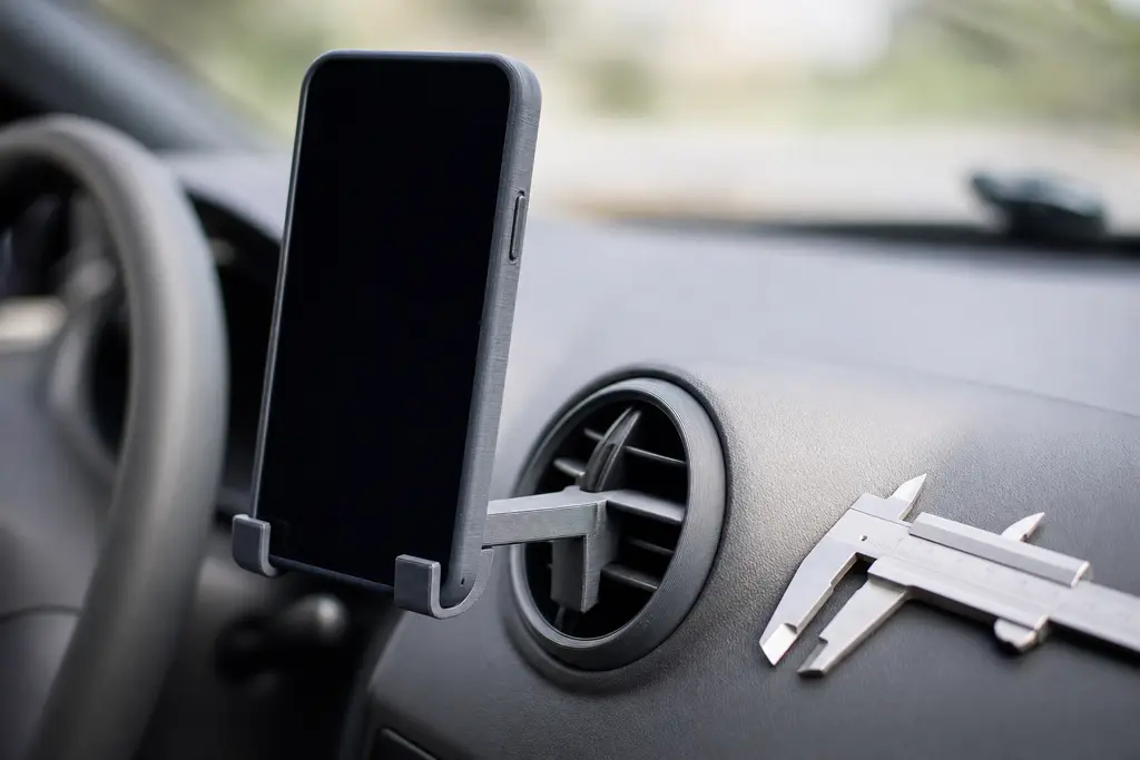 Soporte para celular impreso en 3D en gris grafito, embonado dentro de la ventila circular del tablero de un auto y sosteniendo un teléfono, con un vernier apoyado al lado