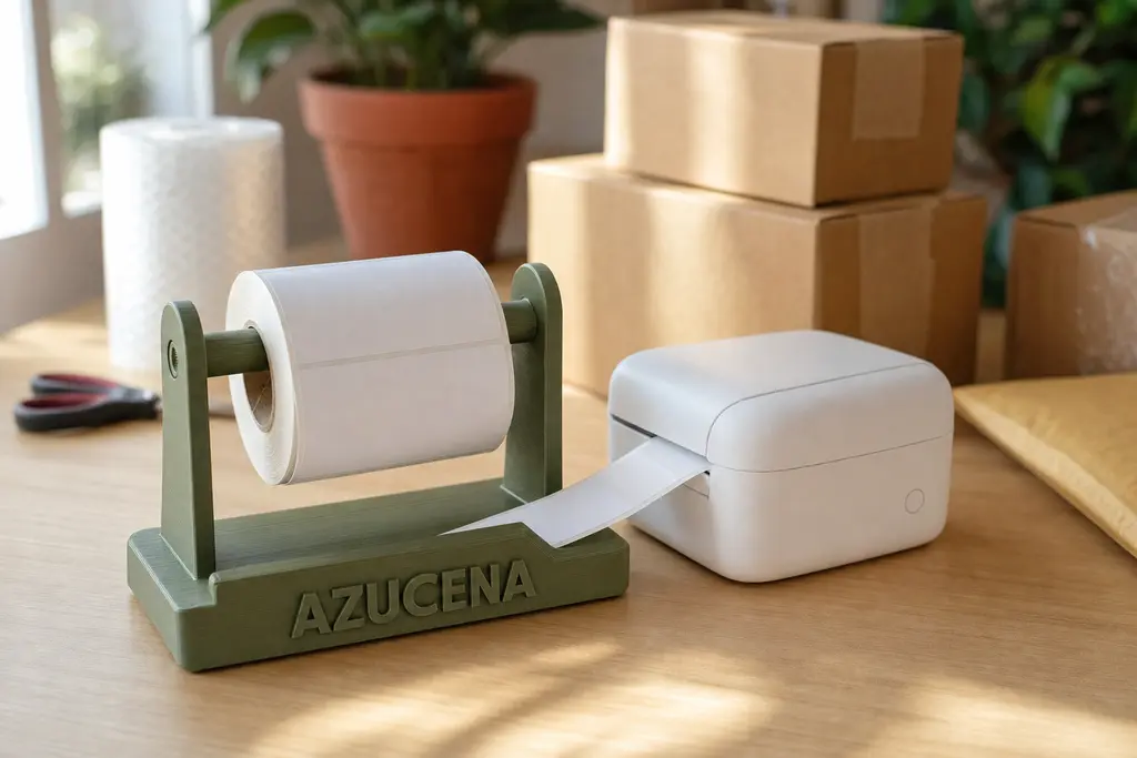 Soporte impreso en 3D en verde olivo con líneas de capa visibles, sosteniendo un rollo de etiquetas de envío que alimenta derecho a una impresora térmica de escritorio, sobre la mesa de empaque de un negocio en línea, con el nombre de la tienda en alto relieve al frente.