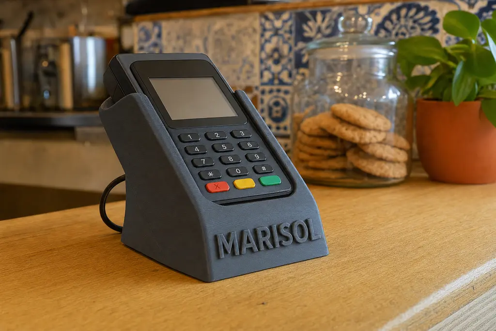 Base impresa en 3D en gris grafito sobre el mostrador de madera de una cafetería, sosteniendo inclinada una terminal de cobro con tarjeta, con el cable guiado por atrás y el nombre del negocio en alto relieve al frente.