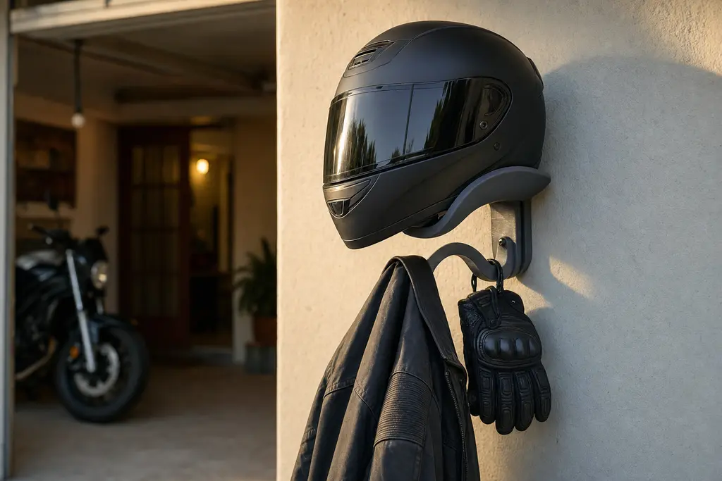 Casco de moto negro descansando en un soporte de pared impreso en 3D color gris, con una chamarra y unos guantes colgados del gancho, en la entrada de una cochera