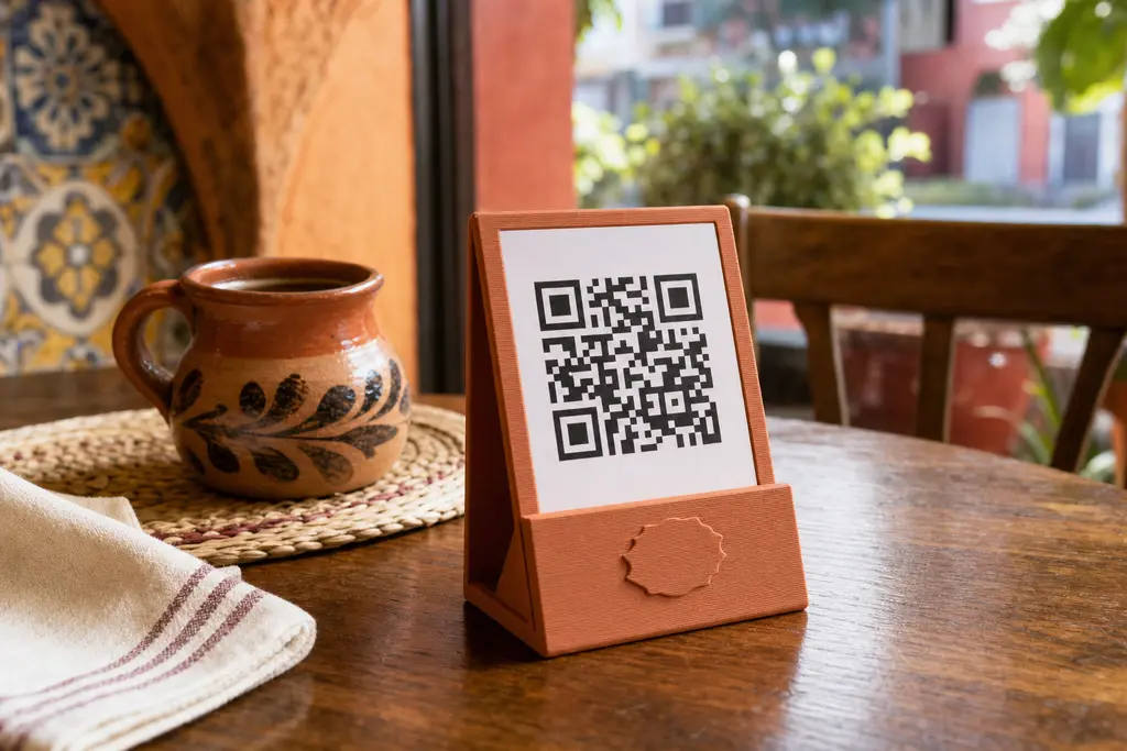 Soporte impreso en 3D color terracota sosteniendo la tarjeta con el código QR del menú sobre una mesa de madera, junto a un jarrito de café de olla en un café de la Ciudad de México.